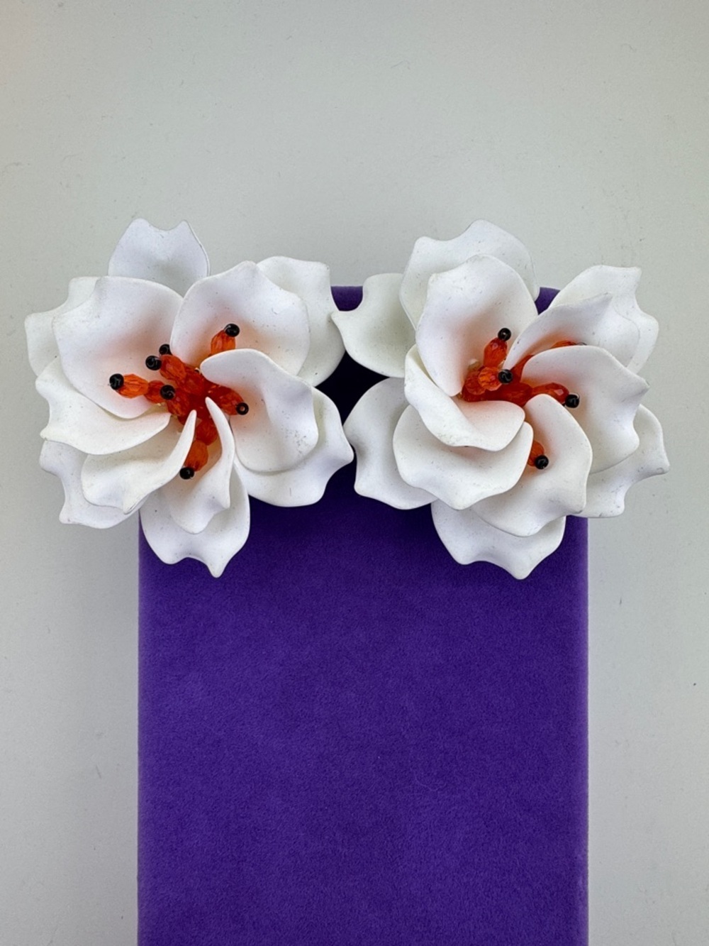 💛 Tropical White Floral Statement Earrings with Orange Center | Boho Luxury